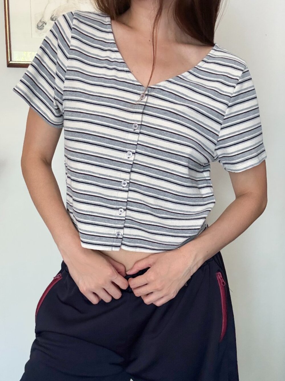 White, Gray, Black Striped Button Detail Shirt